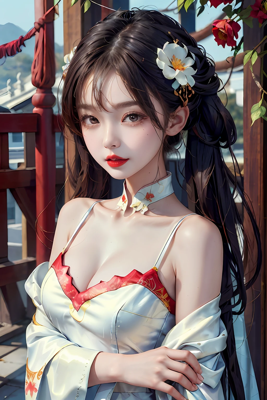 1girll,Upper body,fashi-girl,china dress,Chinese clothes,hair flower,(Masterpiece:1.4),(Best quality:1.4),(Shiny skin),Red lips,view the viewer,Large breasts,parted lip