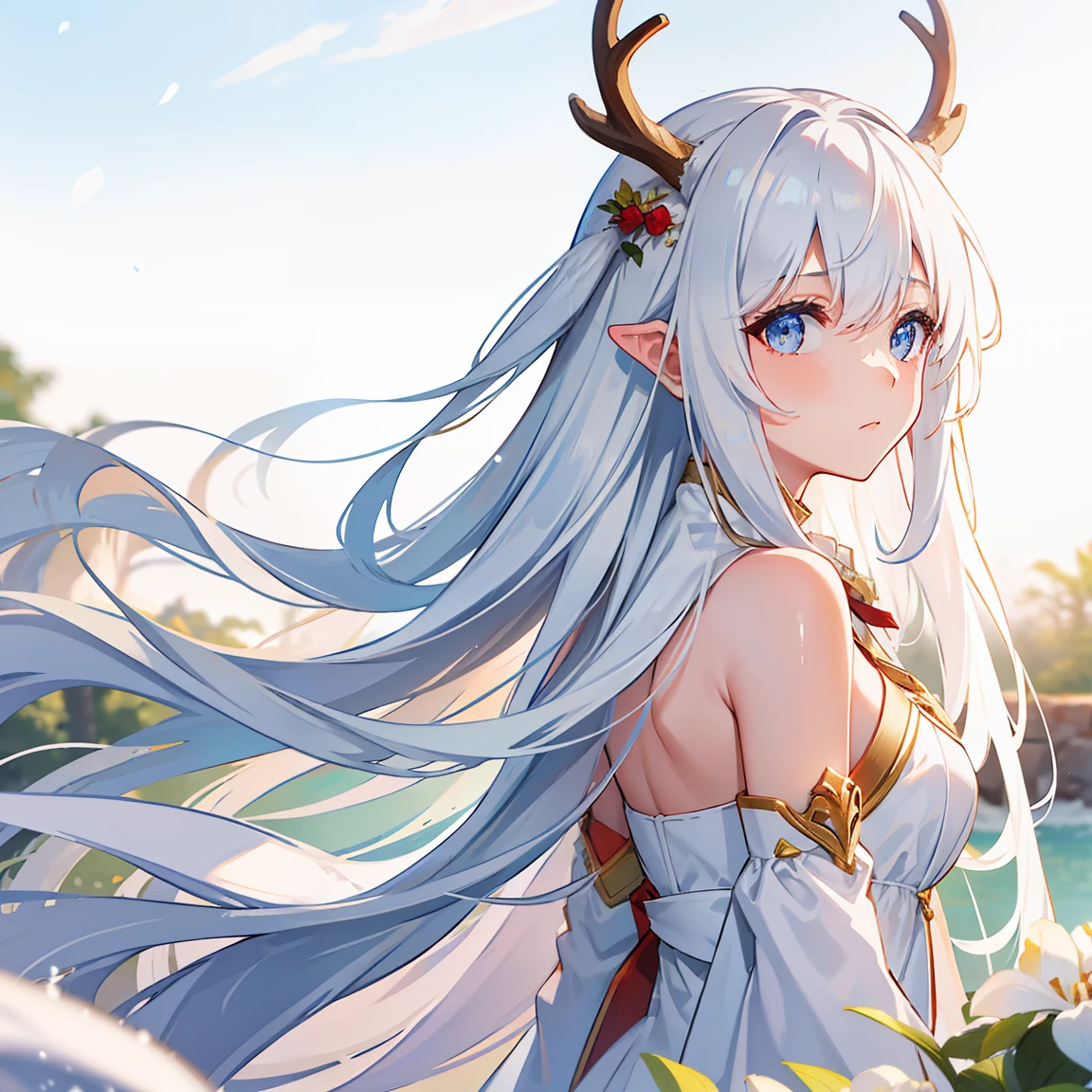 long whitr hair，snowfield，beast ear，deer antlers，long  white hair，vividness，Beautiful summer pool，Shinkai sincerely