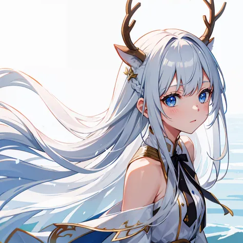 long whitr hair，snowfield，beast ear，deer antlers，long  white hair，vividness，beautiful summer pool，shinkai sincerely