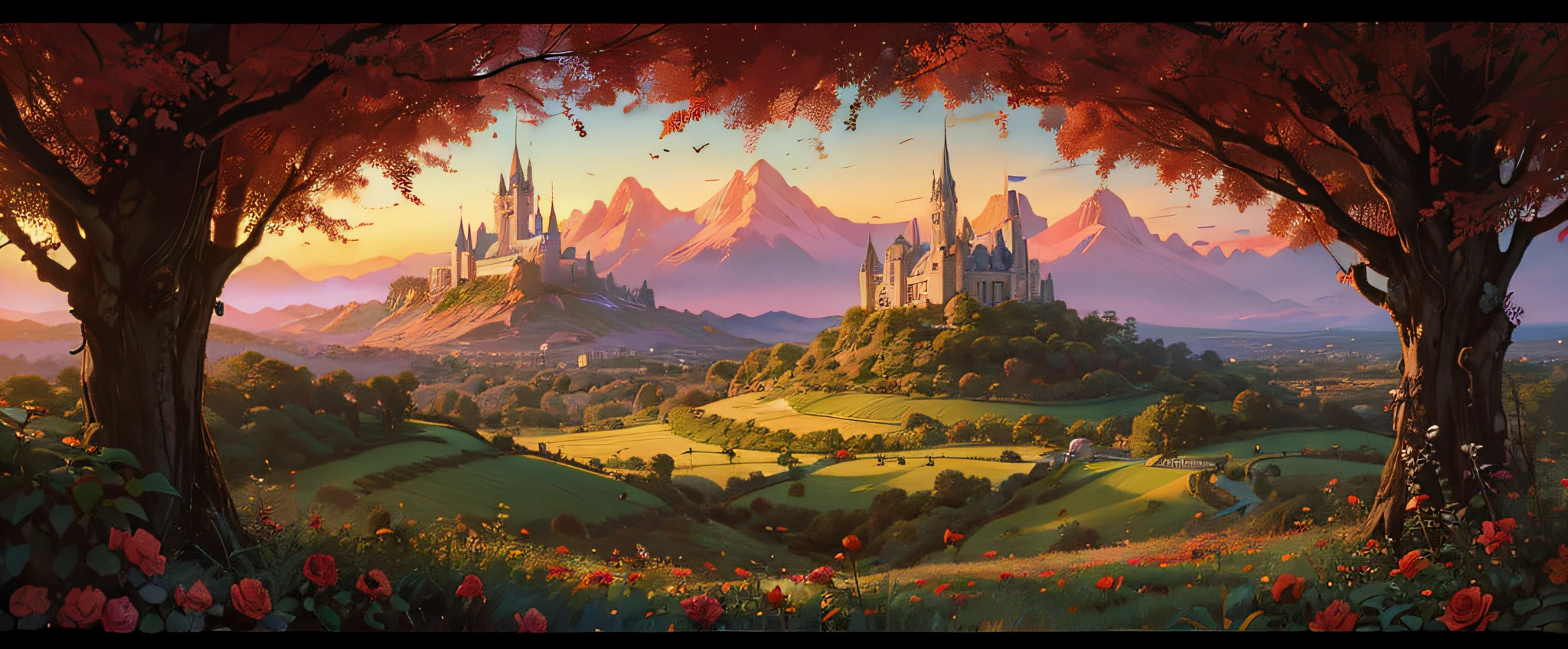 Imagem minimalista de um castelo com rosas vermelhas em primeiro plano, arte disney, Castelo bonito, magic castle, Fundo Disneyland, arte conceitual disney, arte de conto de fadas, pintura de conto de fadas, moldura dourada com rosas vermelhas, fantasia, Greg Hildebrandt altamente detalhado, fantasia arte vitoriana, beautiful render of a fairytale