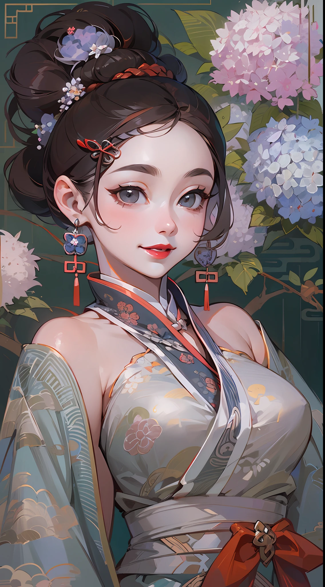 Masterpiece, Superb Product, Night, Full Moon, 1 Woman, Mature Woman, Chinese Style, Antique Chinese, Sister, Royal Sister, Smile, Brunette Hair, Updo, Red Lips, Calm, Intellectual, Hairpin, Hair Flower, Detailed Facial Details, Detailed Eyes, Full Body, Gray Eyes, Long Hair, Hydrangeas