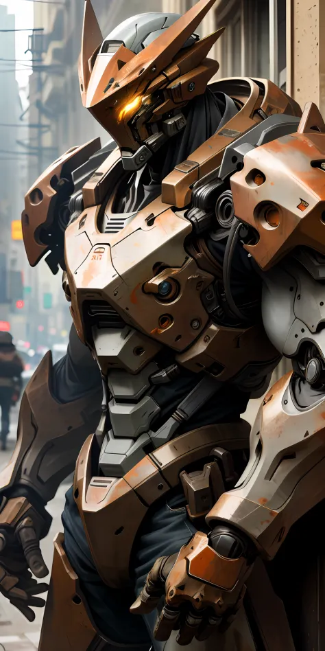 portrait photo of an alpha male, perfect eyes, in a worn mecha suit, intricate, (steel metal [rust]), elegant, sharp focus, phot...