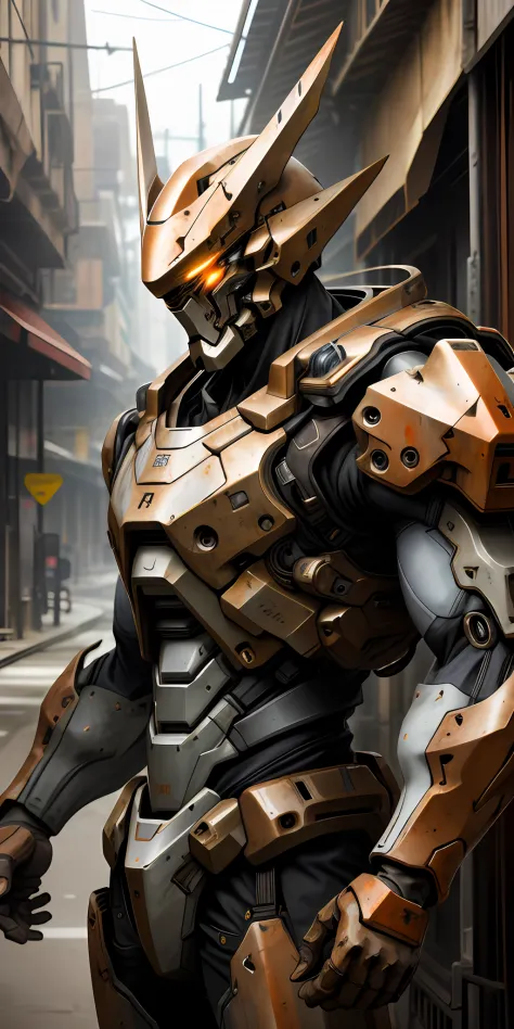 portrait photo of an alpha male, perfect eyes, in a worn mecha suit, intricate, (steel metal [rust]), elegant, sharp focus, phot...