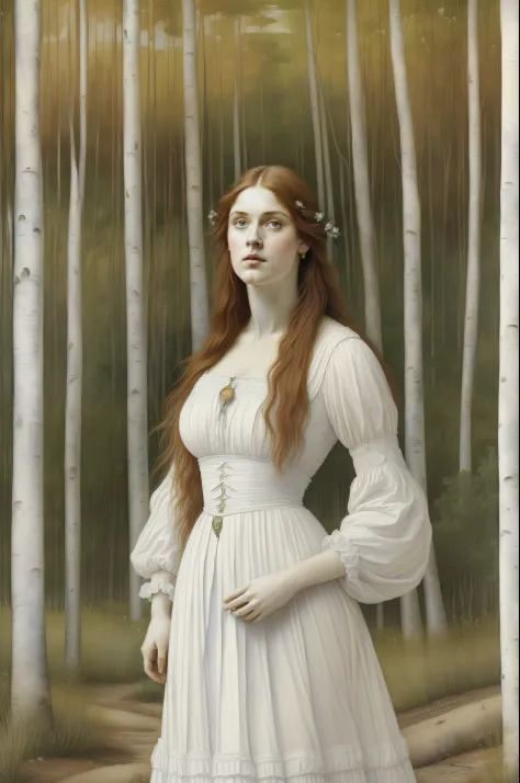 (((Pre-Raphaelite painting of a woman in white, loira, in a birch grove, paisagem celta em tons outonais)))