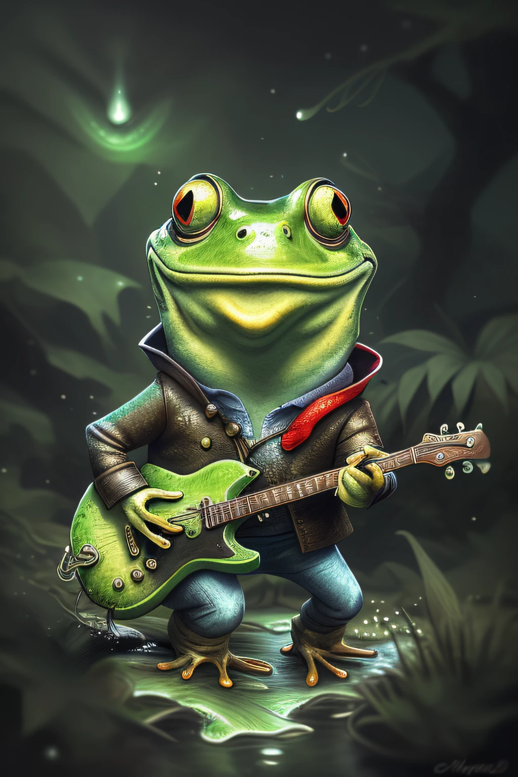 "A funny frog amphibian playing guitar in a coniferous swamp, atmosfera misteriosa, luz filtrada, detalhes realistas, deep guitar texture, folhagem densa, sombras sutis"