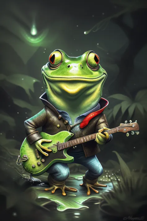 "A funny frog amphibian playing guitar in a coniferous swamp, atmosfera misteriosa, luz filtrada, detalhes realistas, deep guitar texture, folhagem densa, sombras sutis"