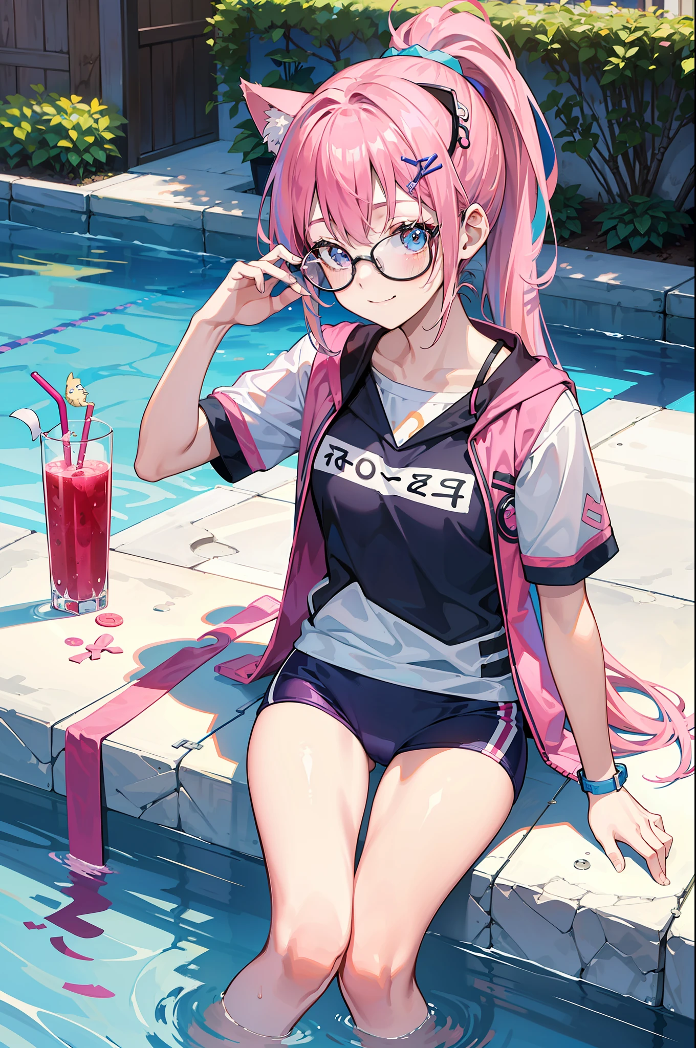 8K, (ultra - detailed), teens girl，quadratic element，Pink hair，wears glasses，swimming uniform，sitted，Drinking a juice，High ponytail，ssmile，best qualtiy，cat ear，(A masterpiece)，((high qulity))，((tmasterpiece))，