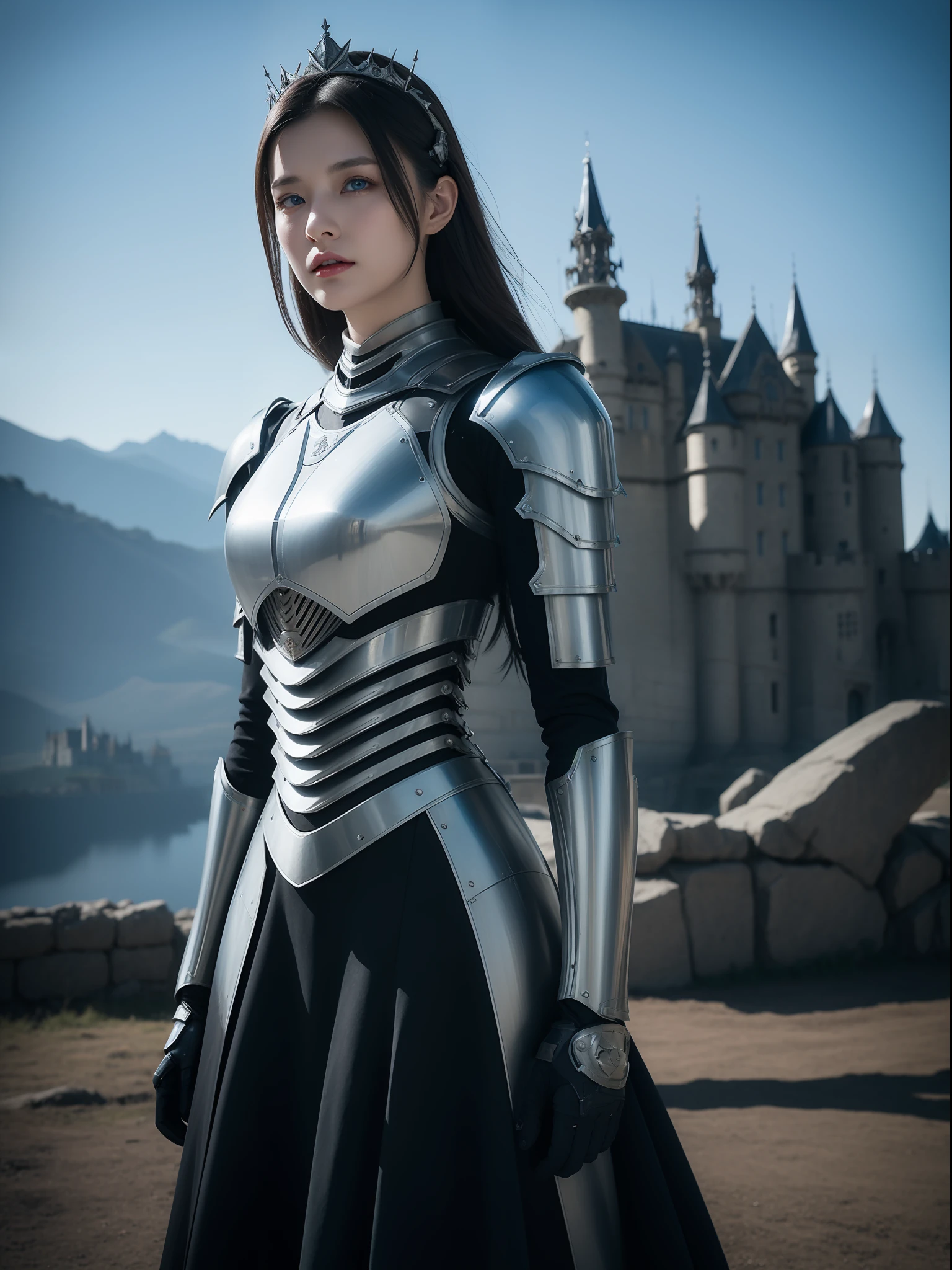 Masterpiece, best quality, high resolution, 8K, Portrait, realistic photo,（ Combining clothes with Korean fashion designs），Digital photography, full body, 1 16 year old girl, (cyborg), beautiful blue gray gradient long hair, blue eyes, intricate, elegant, Highly detailed, Evil Crown, Black dress, ,silver metal exoskeleton armor, Intricate knight's hollow armor,power armor, cutout design, Mechanical structure, photo pose, solemn,, red lips, From the film Kingsglaive Final Fantasy XV.Metallic texture, oc rendering，Reflective texture, ((Clothing cutting)), ((With castles and giant moster in the background))