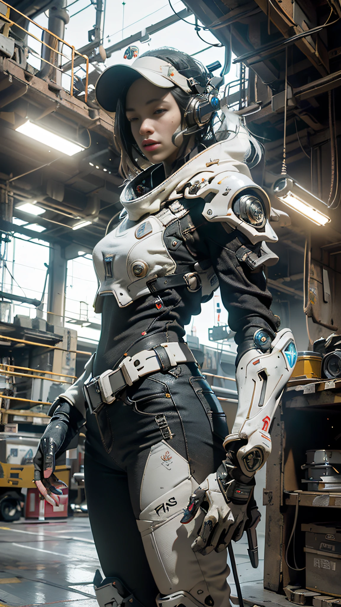 ((best quality)), ((masterpiece)), ((realistic)), (detailed), (photorealistic:1.5), a futuristic girl, (thick body), (white bodysuit), lights on armor, cybernetic headwear, looking at viewer, dynamic pose, post apocalyptic, destroyed city background, buildings on fire, science fiction, hdr, ray tracing, nvidia rtx, super-resolution, unreal 5, subsurface scattering, pbr texturing, post-processing, anisotropic filtering, depth of field, maximum clarity and sharpness, rule of thirds, 8k raw, (luminescent particles:1.4), (extremely detailed cg, unity 8k wallpaper, 3d, cinematic lighting, lens flare), reflections, sharp focus, cyberpunk art, cyberpunk architecture,