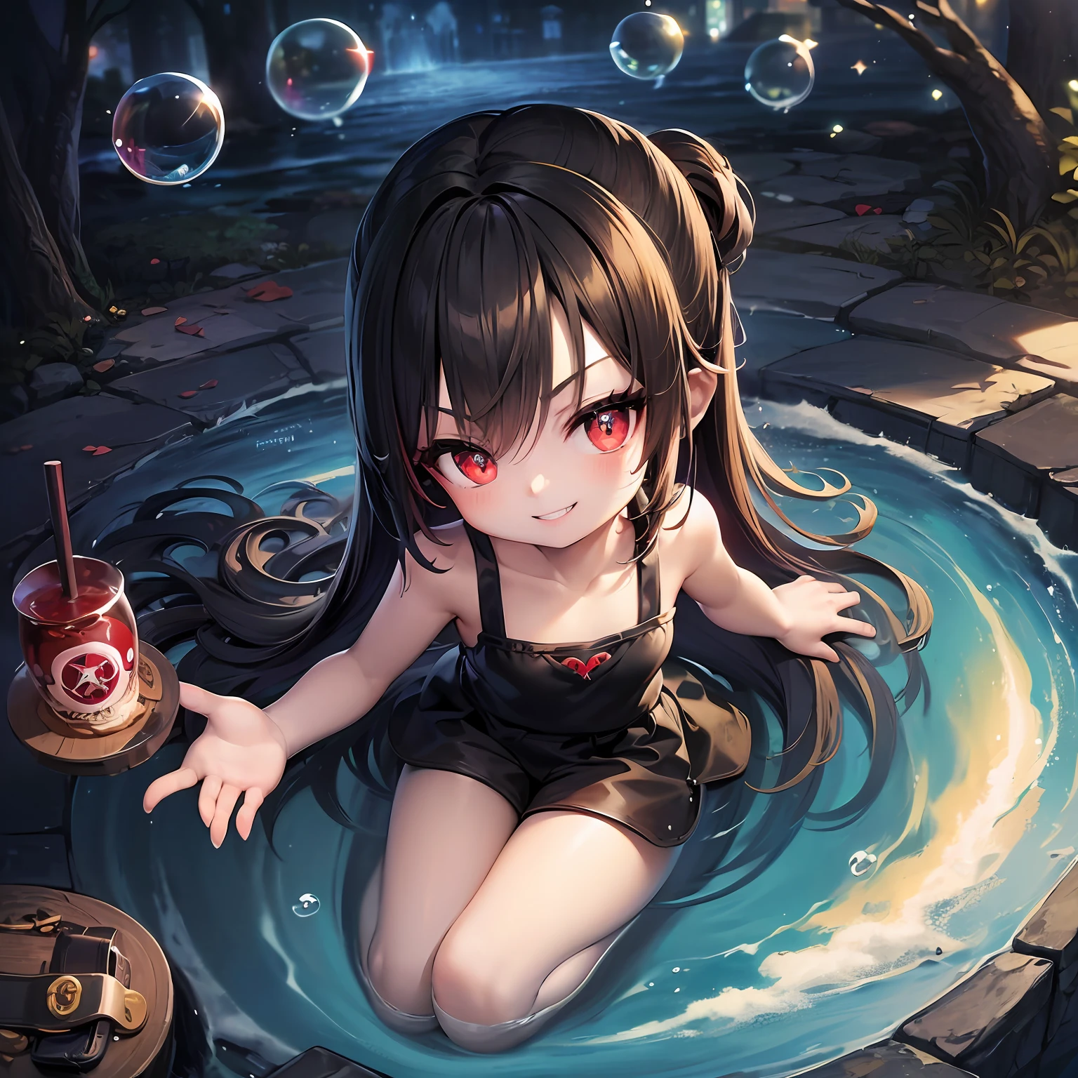 ((​masterpiece、top-quality))、(Complex lighting)、morning、suns、sea bathing、(((Lots of glowing bubbles flutter、Splash paint)))、Small Devil、独奏、full body Esbian、1girl in、red eyes、Long Black Hair、tanktop shirt、shortpants、absurderes, Grayscale BreakGuess Gaze、(evil smile:1.4)、looking at the viewers、sharpteeth、(Crazy red eyes with small pupils:1.2)、yandere、Chibi、