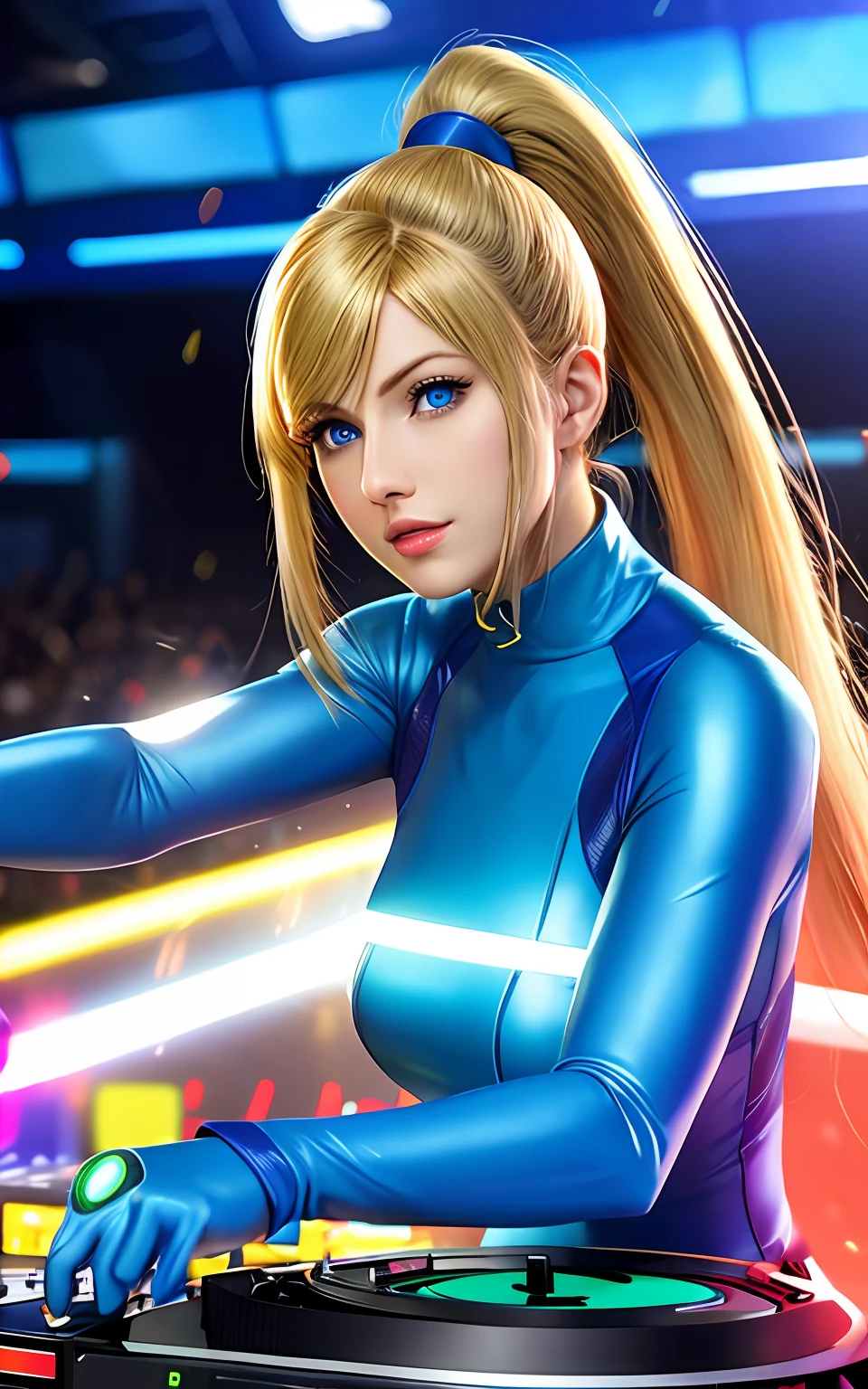 "samus
mole
zero suit
blue eyes
ponytail
gun a DJ, showcasing her skills on the turntables at a vibrant rave."