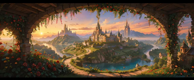 there is an image of a village at distance with red roses in the foreground, disney art, beautiful, magical fantasy village by t...