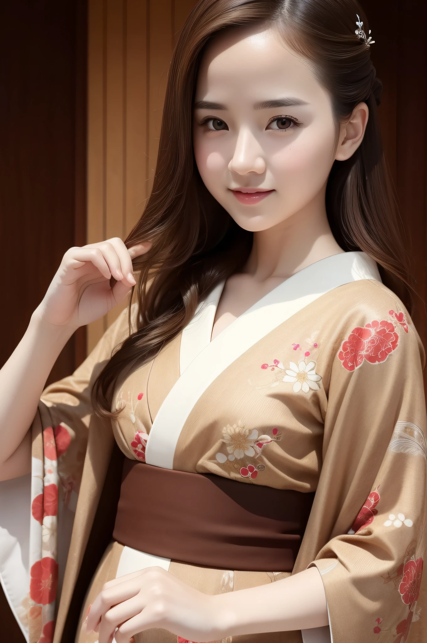 best quality, masterpiece, (realistic:1.2), 1 girl, brown hair, brown eyes, Front, detailed face, beautiful eyes, full body, wearing traditional kimono