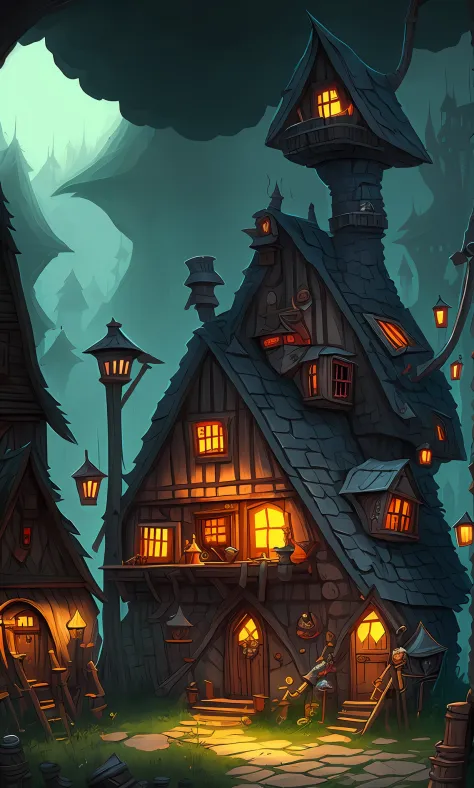 Cartoon illustration of fantasy village，Dark style, Game concept art,