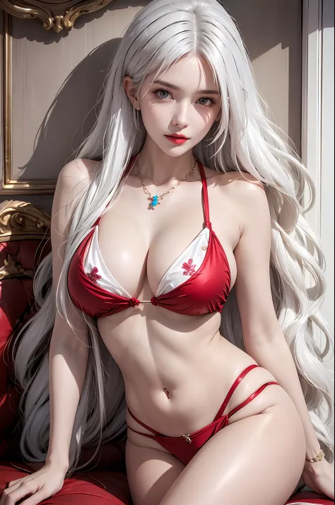 photorealistic, high resolution, soft lights, 1women, solo, hips up, look at viewer, (detailed face), white hair, long hair, red micro-bikini, jewelry