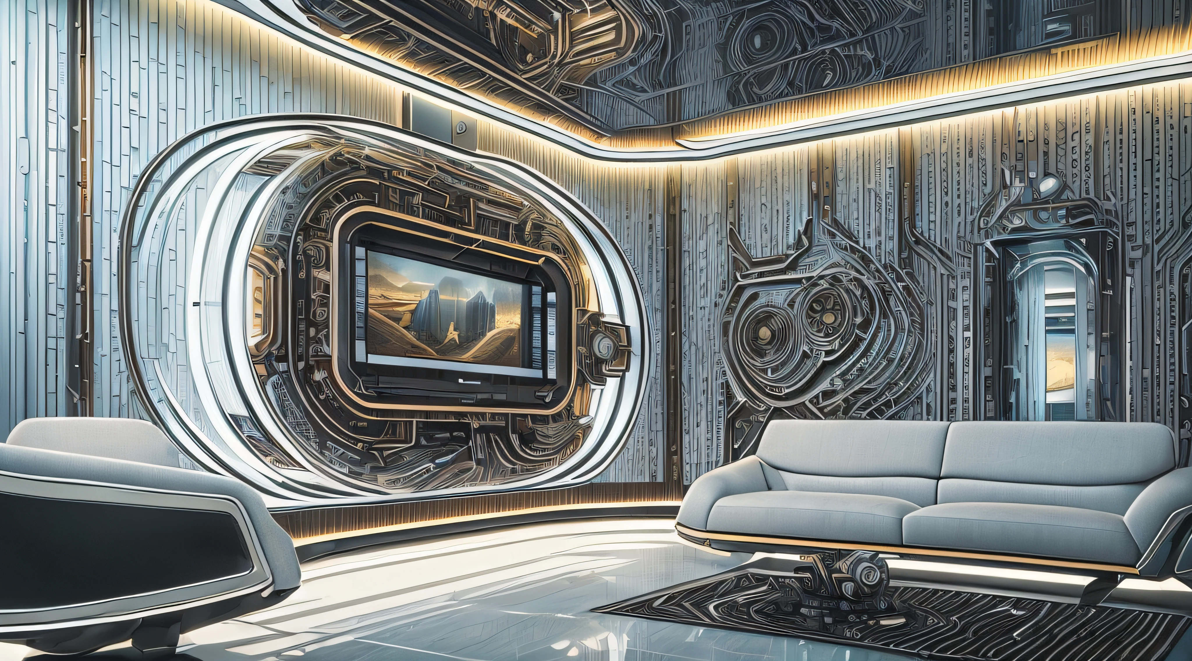 offcial art，Masterpiece, Best quality, Ultra-high resolution, Extremely detailed, Award-winning paintings，Futuristic interior design for ultra high resolution photography, This is the living room of the future 100 years from now，This is the living room in the capsule，Tech dreamy sunken living room，Mechanical sofa combination，Steel floor，High-tech lighting and interiors，Not too many rows are needed，The lights are bright, Bauhaus furniture and décor, Mechanical punk style，Extremely detailed，high ceiling, metalictexture，Silver gray, White luster，Glossy black，Color Palette，Mechanical lights，The mech standing by the wall is an ornament， Interior Design Magazine, Cozy atmosphere，Reality，realisticlying，Realistic photographic blockbusters