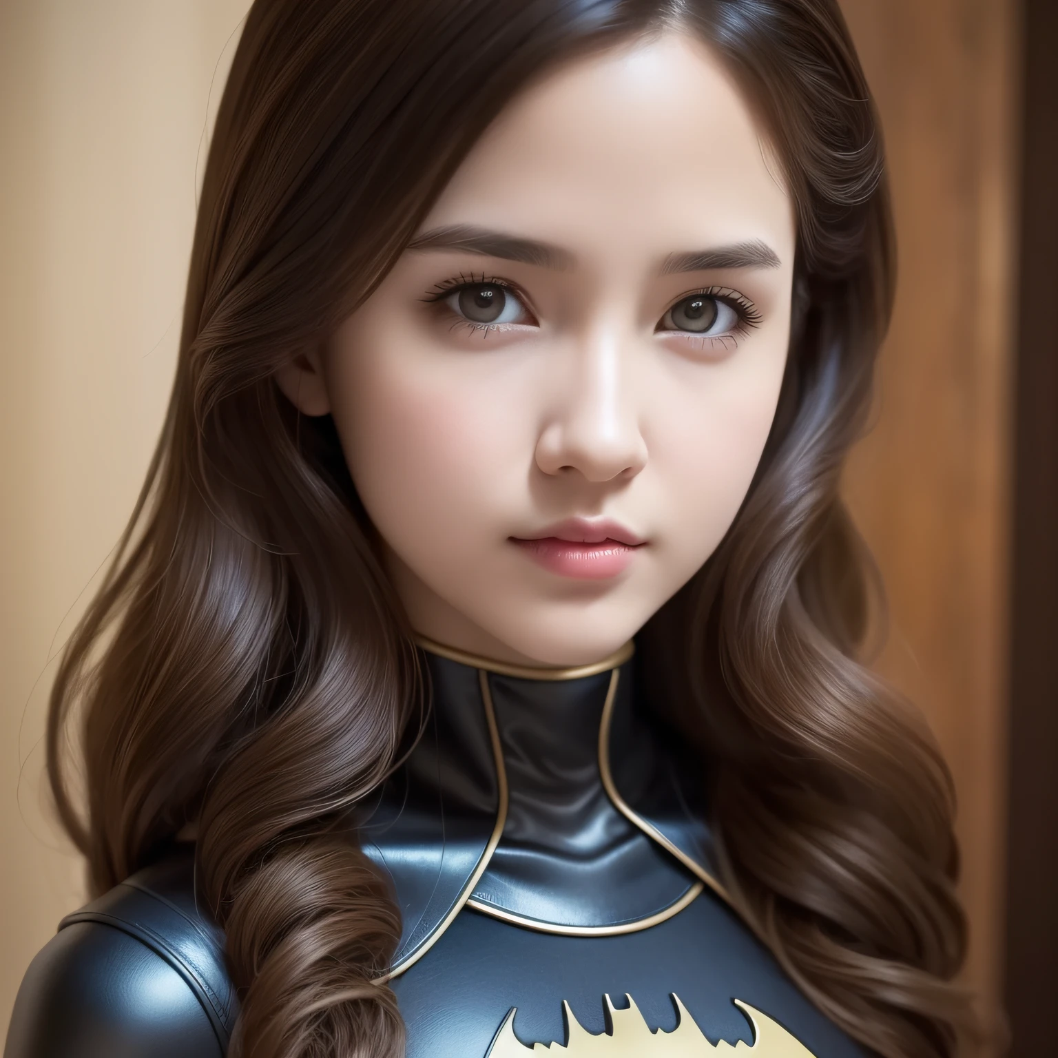 best quality, masterpiece, (realistic:1.2), 1 girl, brown hair, brown eyes, Front, detailed face, beautiful eyes, batman suit