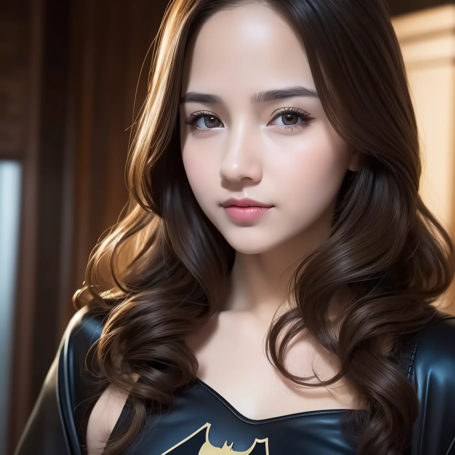 best quality, masterpiece, (realistic:1.2), 1 girl, brown hair, brown eyes, Front, detailed face, beautiful eyes, batman suit