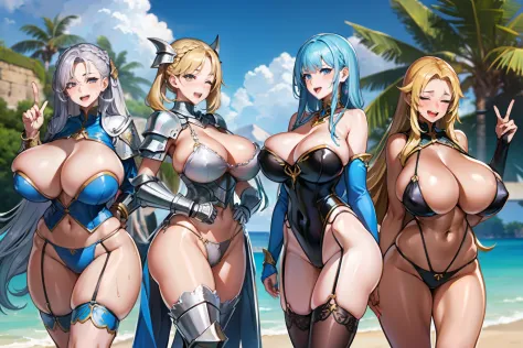 (masterpiece), maximum quality, (fantasy:1.1), (5 girls, group shot:1.4), (slim body:1.1), (huge tits:1.5), (dark skin:1.1), (muscles:1.1), blonde hair, silver hair, twin tails, braid, forehead, (open mouth, happy smile:1.1), (wink:1.2), peace sign, (jewel...