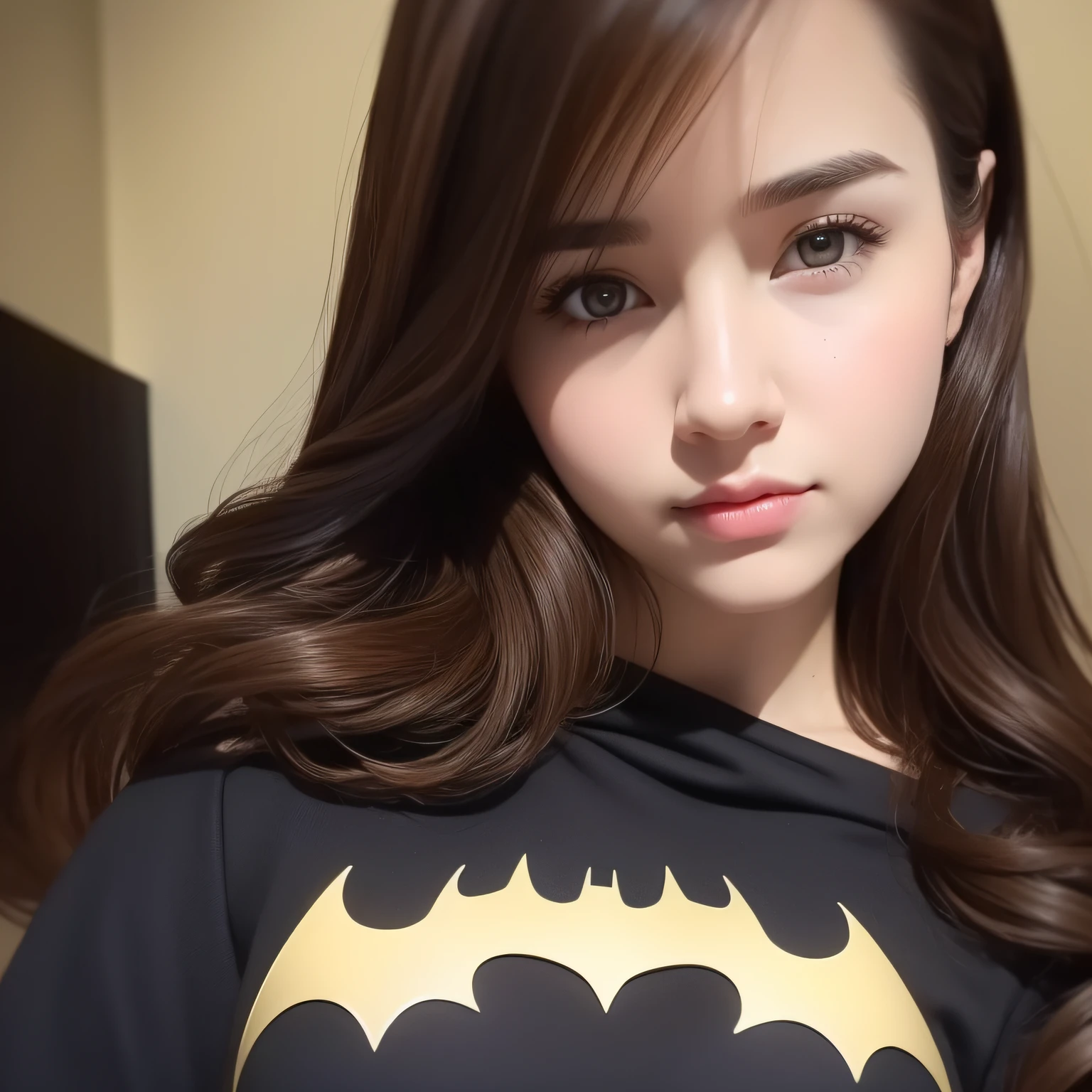 best quality, masterpiece, (realistic:1.2), 1 girl, brown hair, brown eyes, Front, detailed face, beautiful eyes, batman suit