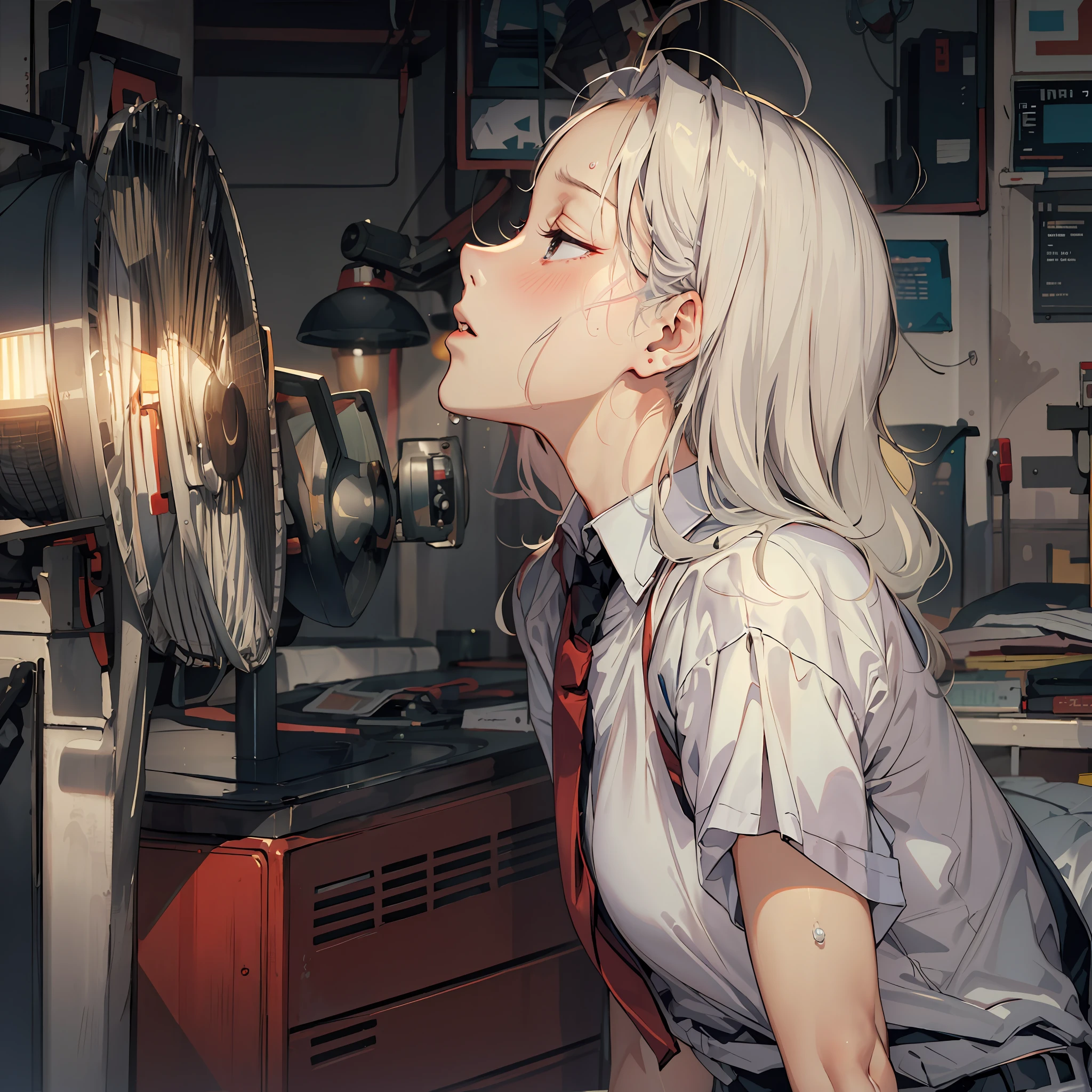 tmasterpiece，Hot summer，Ha gas，high qulity，sideface，80shair。。，With a tie，White-haired woman，white short sleeve，sweat leggs，drops of sweat，Look at the electric fan, Vintage electric fans，Ray traching，电影灯光，in pastel shades，Nice lighting，Smooth skin，Anime art wallpaper 8 K，Storytelling images