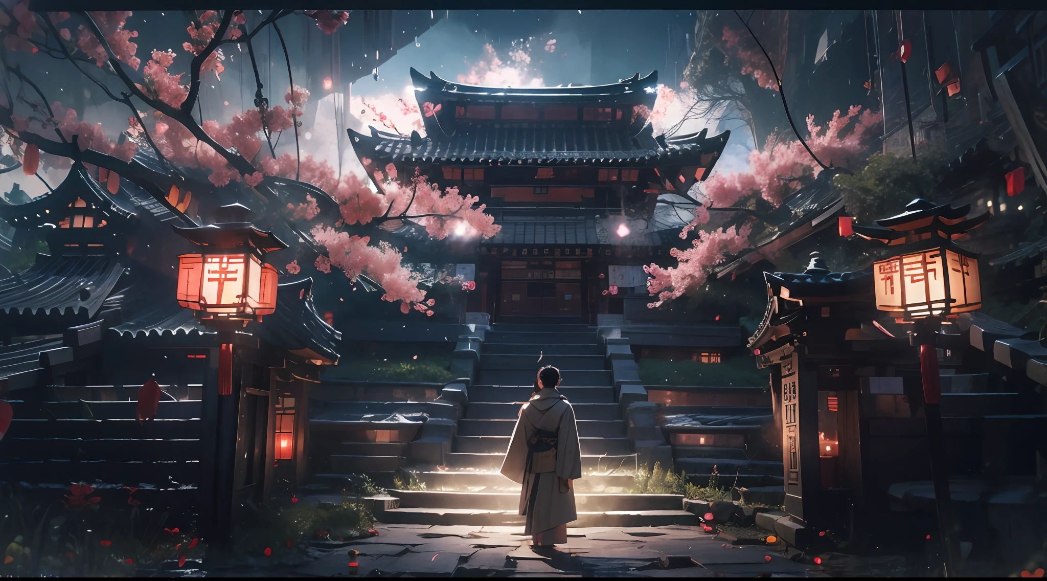 （tmasterpiece：1.2），best qualtiy，realisticlying，Tyndall effect，Underworld marriage，natta， Lanterns， The tree， scenecy， exteriors， 1boys， 独奏， brunette color hair， Japanese clothes， from back， malefocus， standing on your feet， east asian architecture， buliding， Skysky， nigh sky， stairways， back，