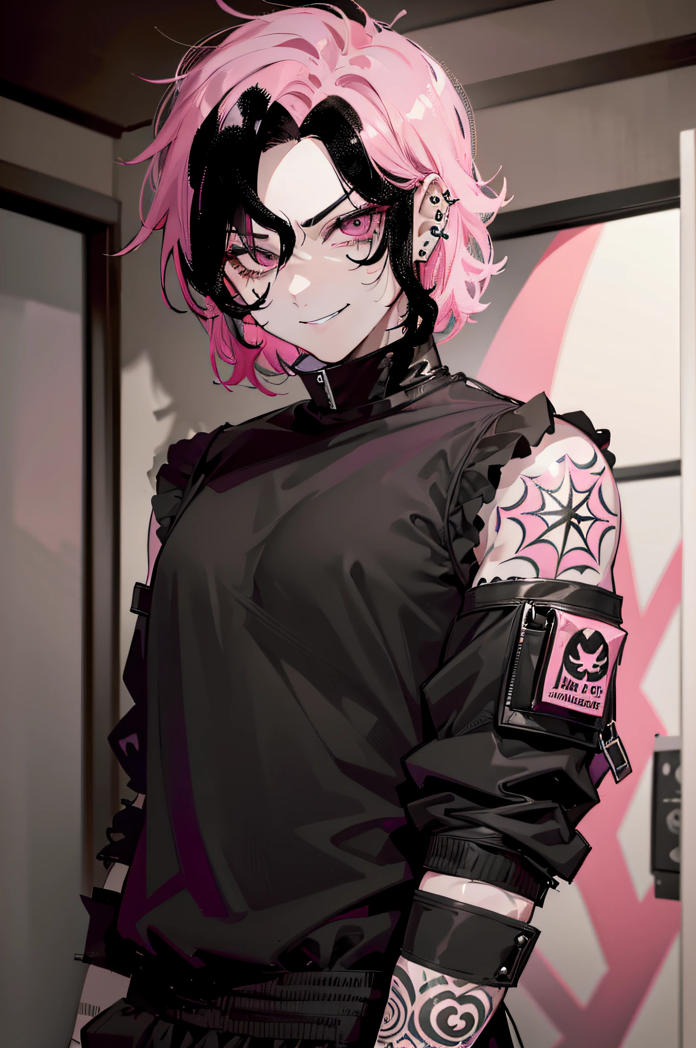 1 guy, 1 person,  ((Pink Hair Color| black hair color)) ,((Black bangs)) Short hair, body piercings, Smile, Vulgar,(( solo))), Evil eyebrows, cheeky, (gray eyes) wicked smile, Evil Look, Evil eyebrows,  Latex tattoo, pink shirt