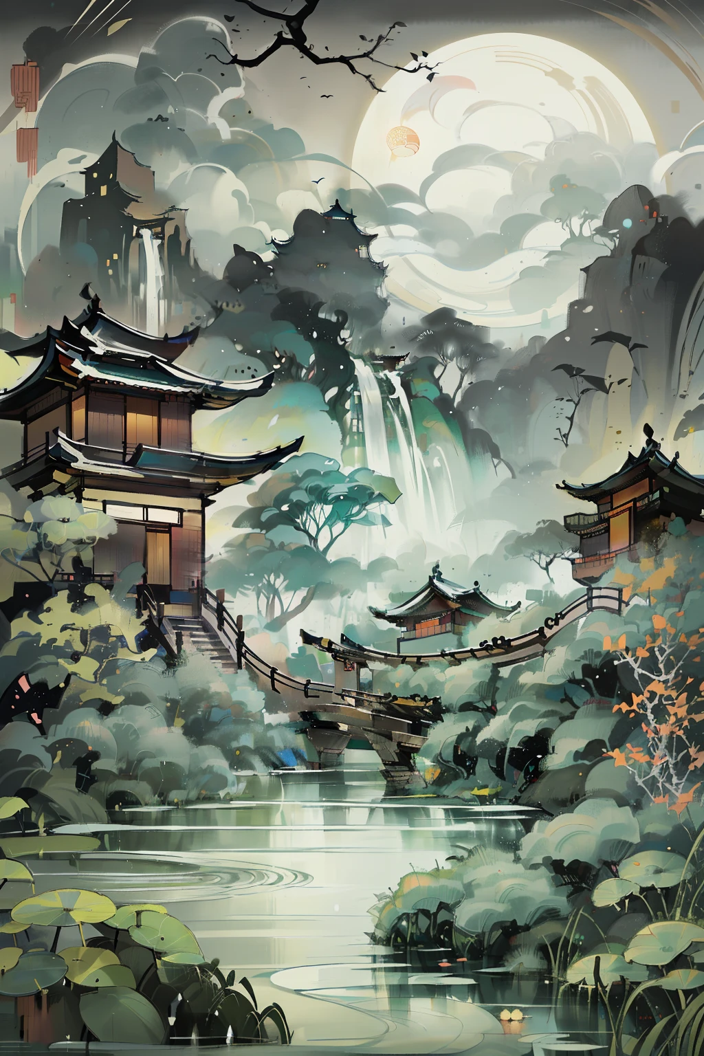 masterpiece,best quality,Chinese martial arts style,an asian night scene with lanterns and water lilies,asian pond with many lanterns and boatsa night scene with many lights and boats in the water, Lake surface, lotus flowers,beautiful night scene,(((Chinese martial arts style))), with vast sky, continuous mountains and steep cliffs, ink wash style, outline light, atmospheric atmosphere, depth of field, mist rising, bamboo, pine trees, octagonal stone pavilion, waterfall flowing water,big full moon,(No color) , Monochrome, light color,