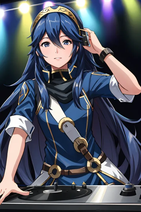 "lucina fe, a DJ, showcasing her skills on the turntables at a vibrant rave."