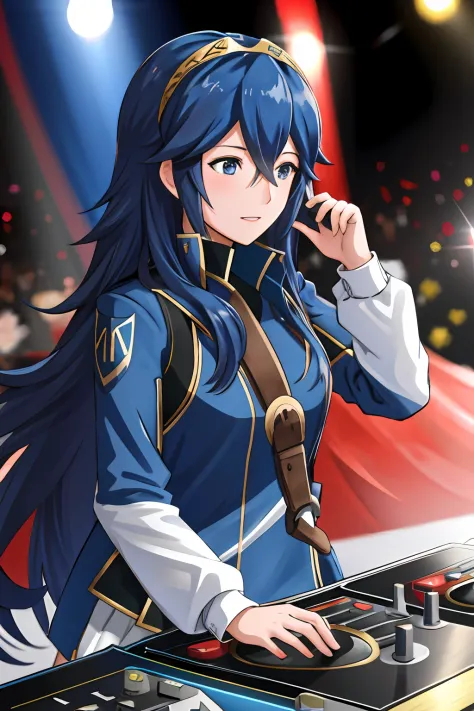 "lucina fe, a DJ, showcasing her skills on the turntables at a vibrant rave."