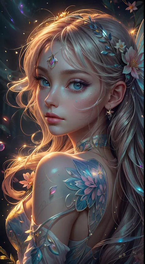 ((masterpiece)). this artwork is dreamy and ethereal, with soft pink watercolor hues. generate a delicate fairy exploring a bubb...