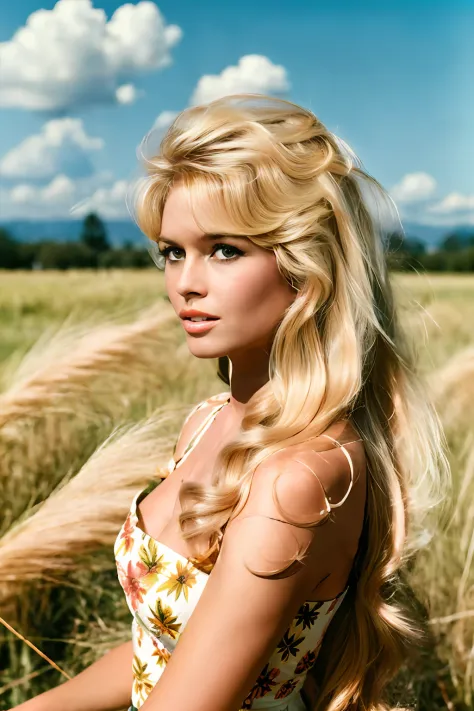 a  Detailed Realistic Photo of a bbardot woman with a blonde hair style, Beautiful, Detailed face, Perfect Eyes, (highly detailed skin:1.1), perfect slim body, wearing a summer dress, Modelshoot, soft lighting, Photorealistic, Realistic, Sunny, (Standing o...