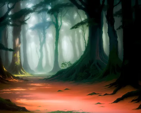 There is a painting of a path in the forest with trees, fundo de fantasia forrest, ambiente florestal de fantasia, Floresta densa misteriosa, baixo detalhamento. Pintura digital, floresta misteriosa, fundo da floresta da fantasia, paisagem da floresta da f...