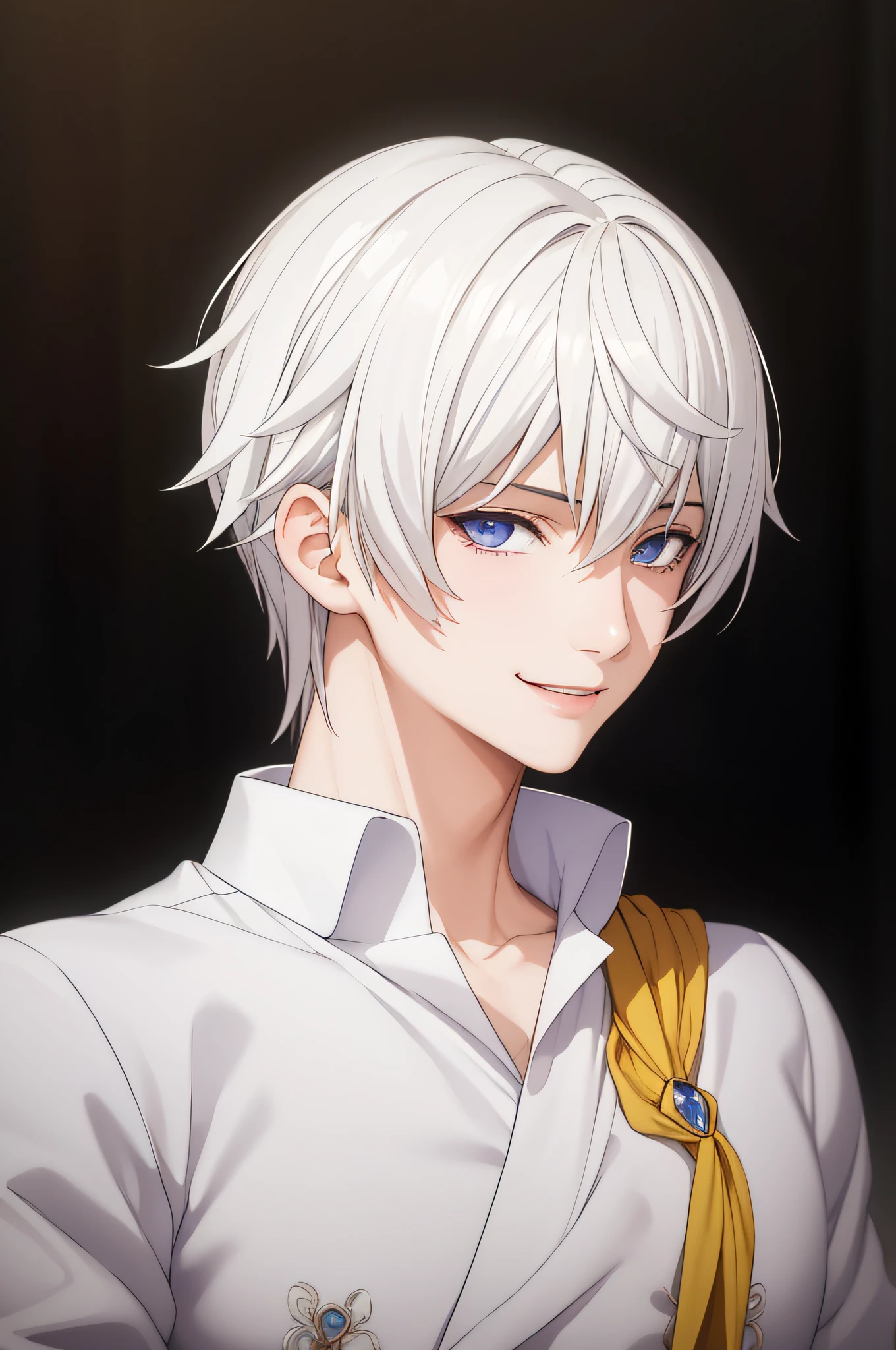 ​masterpiece, top-quality, hightquality, 1 juvenile, 独奏, Male Focus, wink,Look at viewers, A smile,ssmile,The upper part of the body, neck tie,suits,white  shirt,klara_Eishi, white_hair