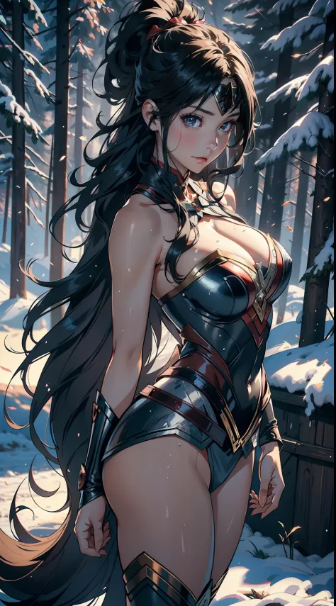 1female，45 yers old，Large breasts，Pornographic exposure， 独奏，（Background with：coniferous forest，at winter season，Snow on the ground）  She has long flowing black hair， standing on your feet，Sweat profusely，drenched all over the body，Wearing a Wonder Woman he...