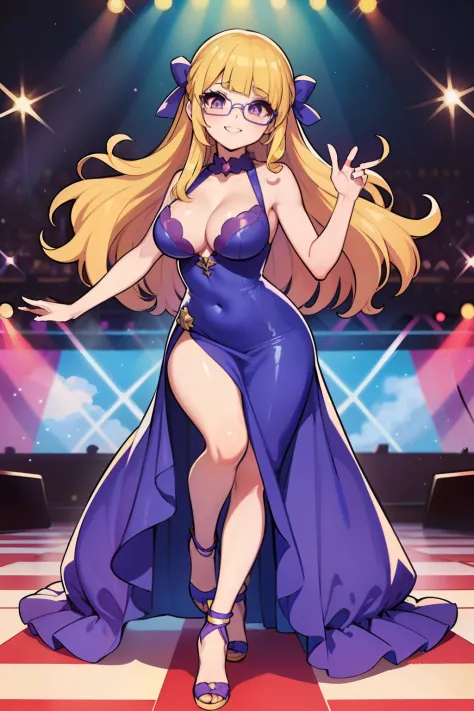 bust art of a cute anime girl, 1girl, Long wavy yellow blonde hair, ((blue-purple eyes)), (floor length beautiful lavender toga dress), oval glasses, performing on stage, dynamic pose, cute face, beautiful smile, pokemon girl, supermodel, hourglass figure,...