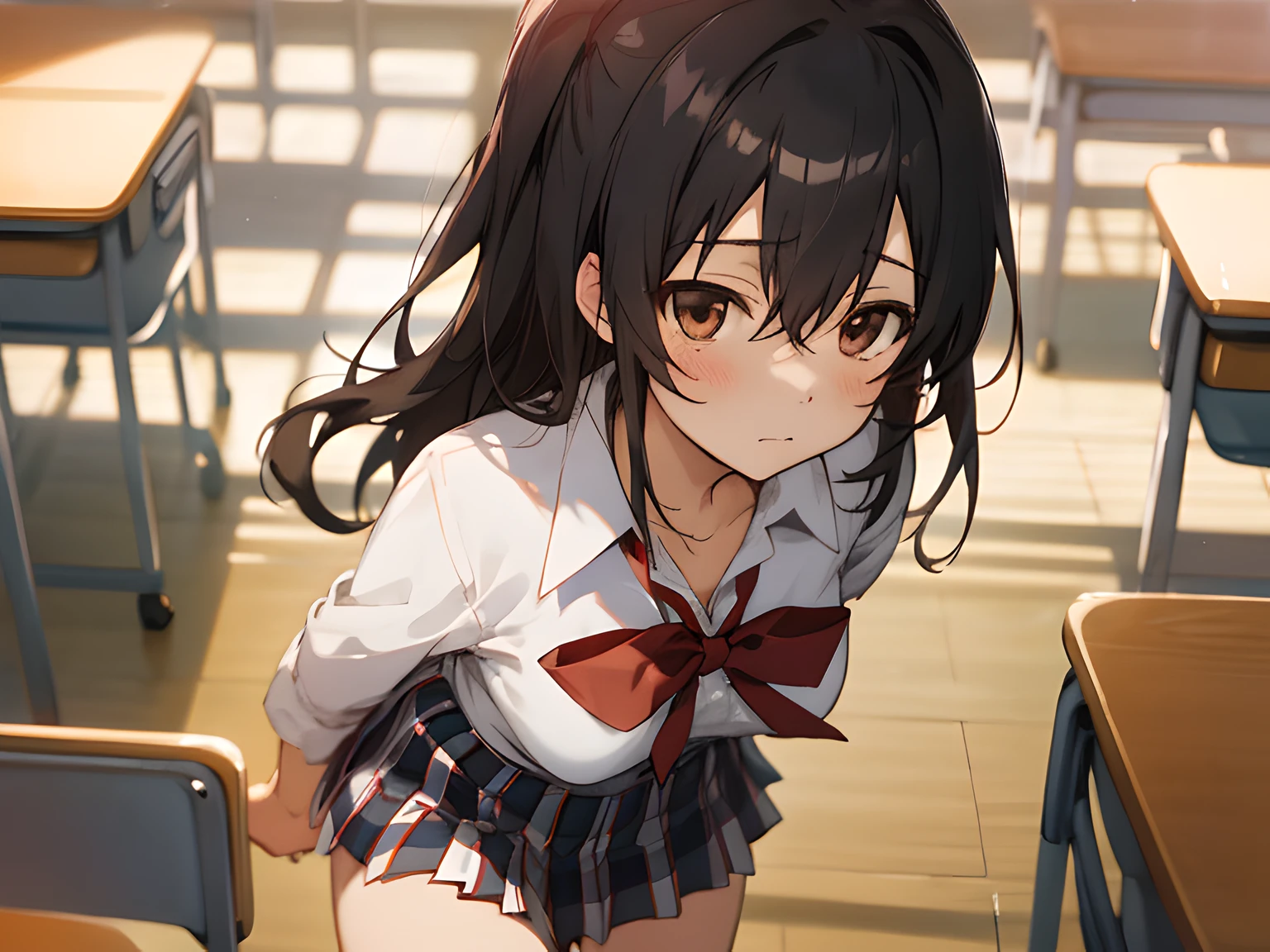 anime girl in school uniform, ((masterpiece,best quality)), yukinoshita yukino, black hair, sobu high school uniform, plaid skirt, red bow tie,