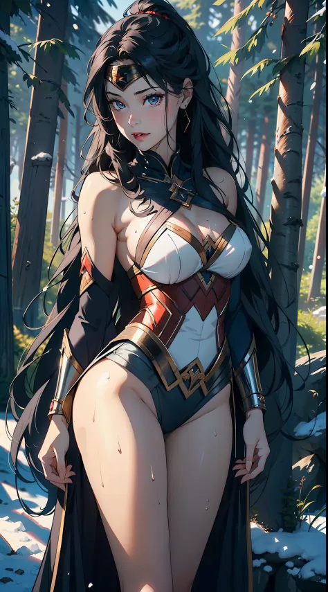 1female，45 yers old，Large breasts，Pornographic exposure， 独奏，（Background with：coniferous forest，at winter season，Snow on the ground）  She has long flowing black hair， standing on your feet，Sweat profusely，drenched all over the body，Wearing a Wonder Woman he...
