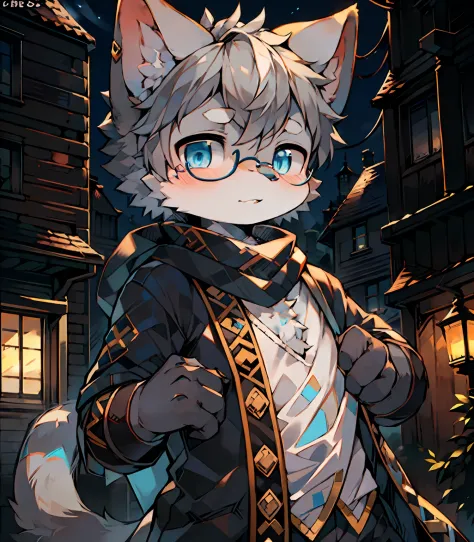Highest image quality，Delicate painting style，Delicate hook lines，tmasterpiece，Fine fine skin，Delicate hair，Complete painting，A masterpiece，Delicate hands，finely-detailed eyes，Normal eyes，Gray cat ears，Furry，Gray hair，Black-framed round glasses，eBlue eyes，...