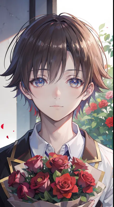 (masterpiece),1boy ,ayanokoji, cool hair, beautiful eyes ,holding bouquet of roses, looking at viewes, portrait,silent smile ,pa...