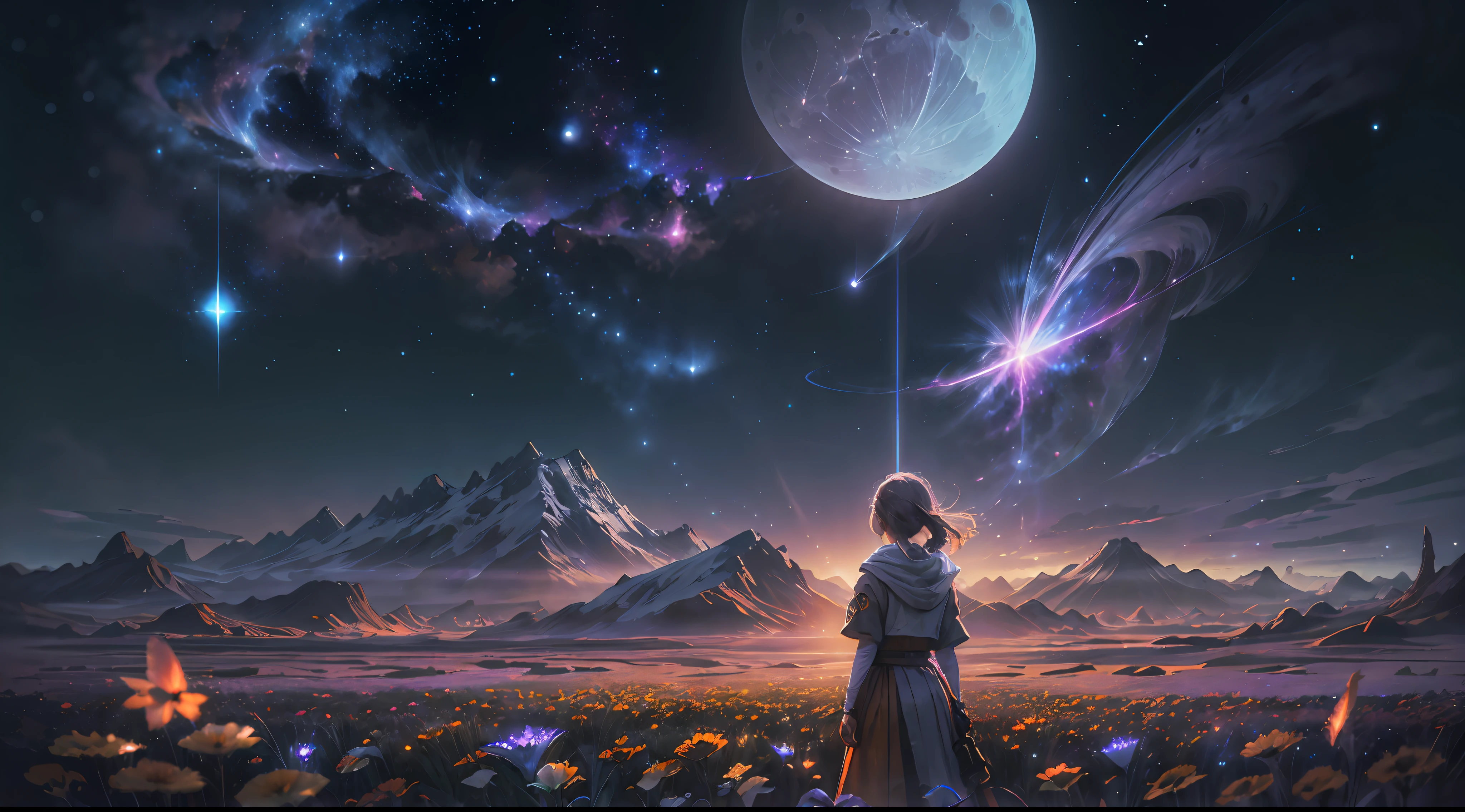 expansive landscape photograph , (a view from below that shows sky above and open field below), a girl standing on flower field looking up, (full moon:1.2), ( shooting stars:0.9), (nebula:1.3), distant mountain, tree BREAK
production art, (warm light source:1.2), (Firefly:1.2), lamp, lot of purple and orange, intricate details, volumetric lighting BREAK
(masterpiece:1.2), (best quality), 4k, ultra-detailed, (dynamic composition:1.4), highly detailed, colorful details,( iridescent colors:1.2), (glowing lighting, atmospheric lighting), dreamy, magical, (solo:1.2)