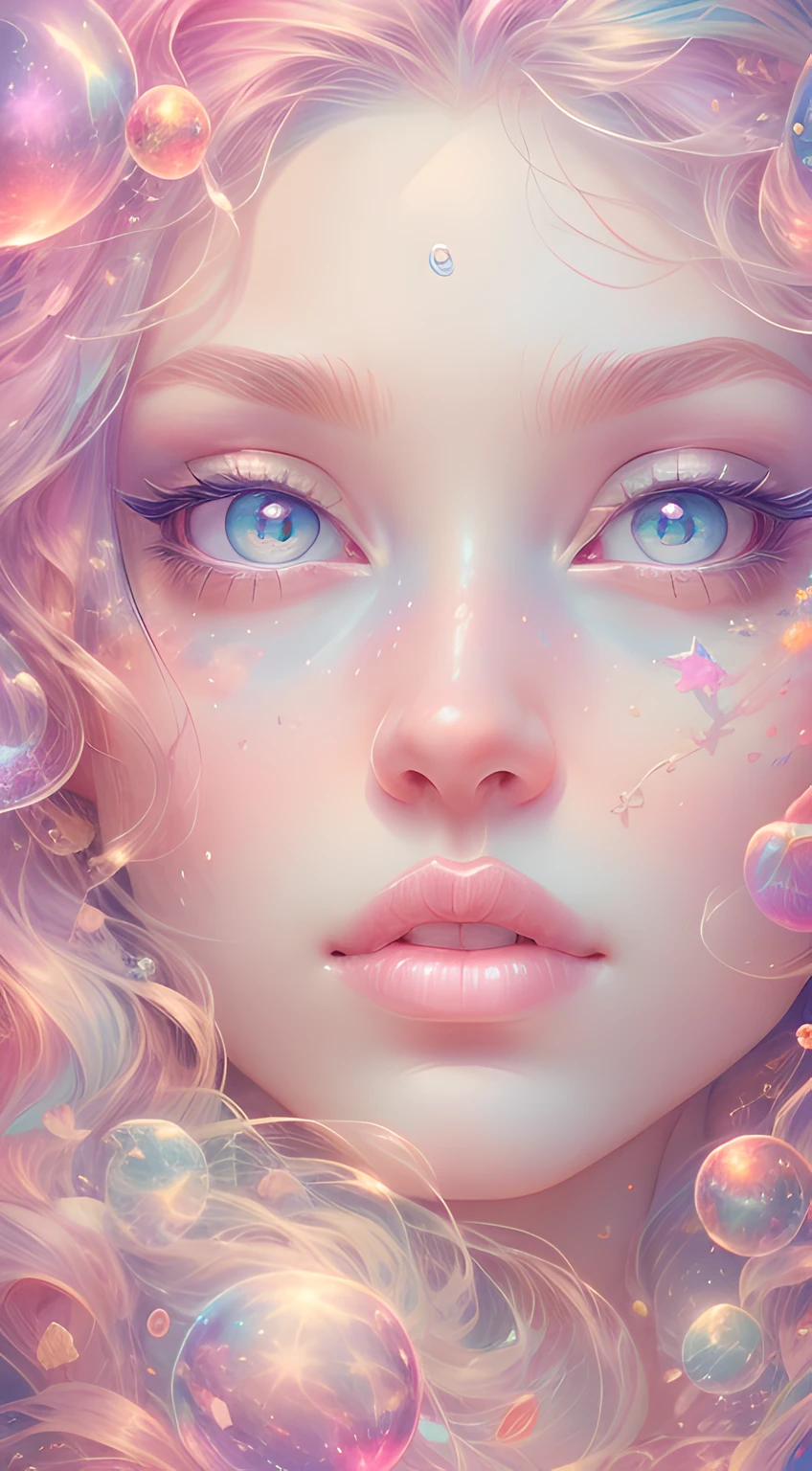 ((masterpiece)). This artwork is dreamy and ethereal, with soft pink watercolor hues. Generate a delicate fairy exploring a bubblegum world with a wide variety of pastel shades. Her sweet face is extremely detailed and realistic with elegant, and looks like angelina jolie. Include mature features, and puffy, big lips and stunning, highly realistic eyes. Her eyes are important and should be realistic, highly detailed, and beautiful. In high definition and detail, include lots of details like stars, galaxies, colorful bubbles, colorful petals, and lots of energy and emotion! The stars and colorful bubblegum bubbles are important! Include fantasy details, enhanced details, iridescence, colorful glittering wind, and pollen. Pay special attention to her face and make sure it is beautifully and realistically detailed. The image should be dreamy and ethereal.8k, intricate, elegant, highly detailed, majestic, digital photography