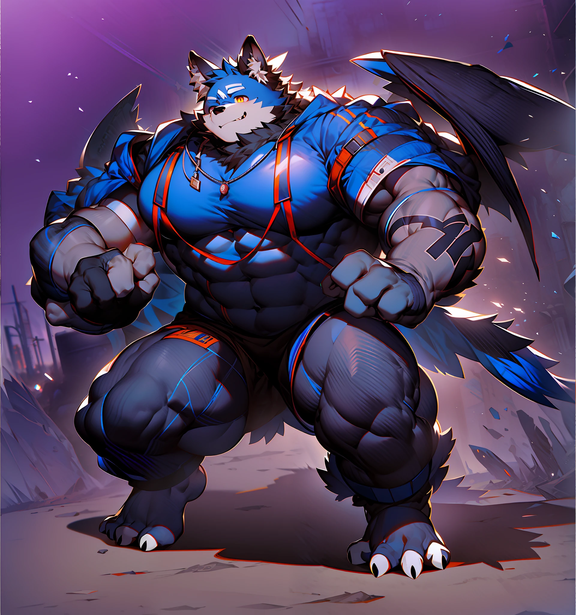 coyote，Furry，Blue-white hair，musculature，Muscle men，nakeness，Strong，ultraclear，Has a large ，Collar，Black  shorts，Black sclera，red pupils，Abs，Yellow coat，The erection，Collar，Has a large ，der riese，tit，Solo，Stout arms，Storm jacket，Badge，Pronounced abs，ssmile，subway station background，Urban style，hold fists,Big Dick，Light blue storm jacket，Red gloves，Blue shoes，Wings