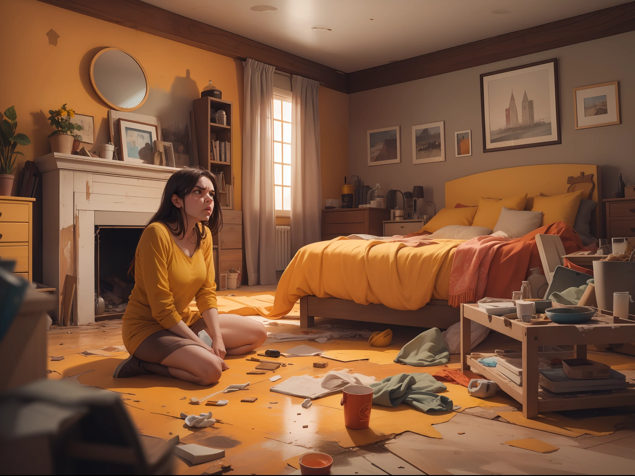 Woman looking angry looking at the messy house, using a yellow rubber glove for cleaning, realistica, 8K, ​masterpiece