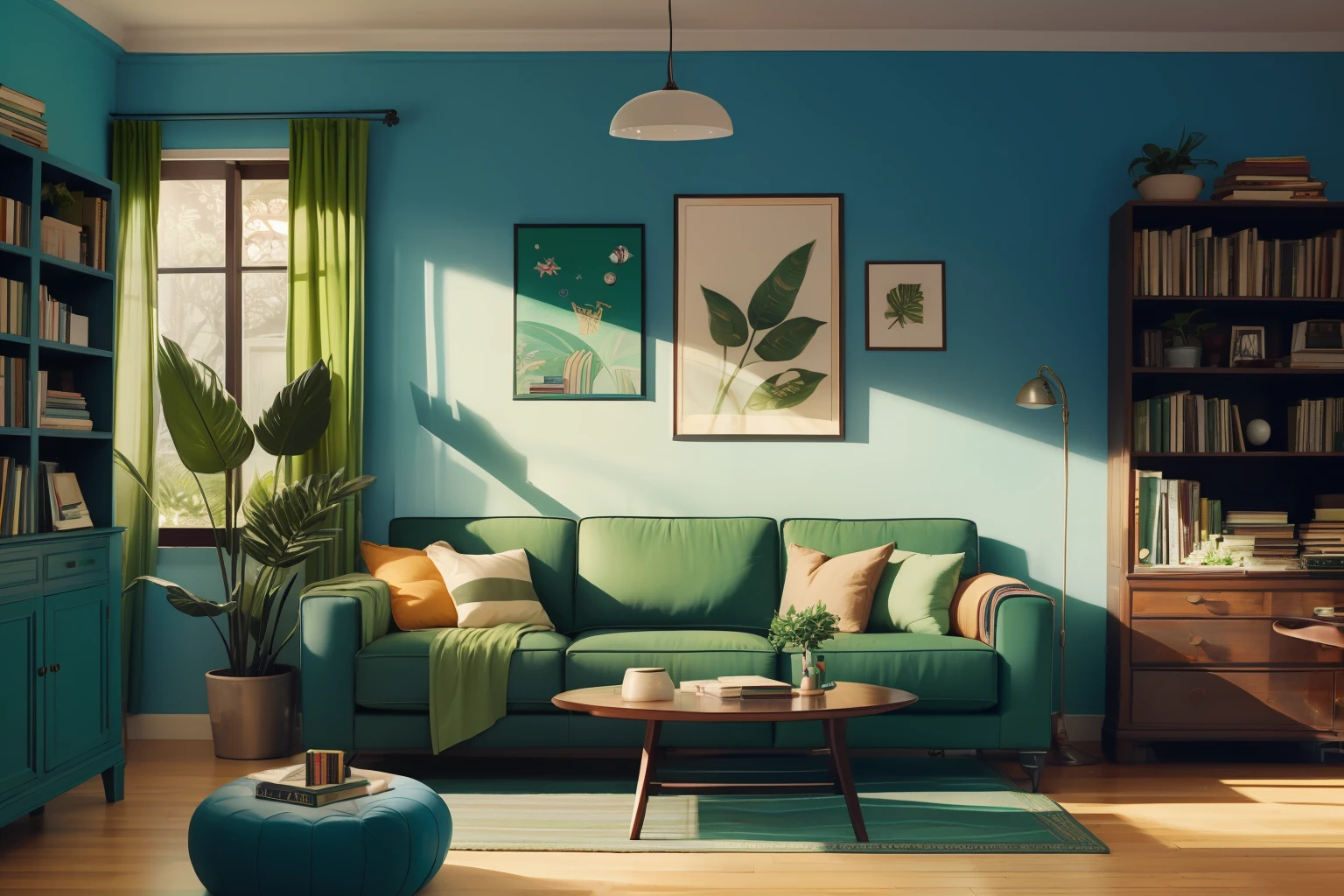 uma sala de estar com um sofá azul escuro e uma planta verde na parede e uma estante com livros coloridos. Um pinheiro de Natal, cheio de luzes e bolas de natal, perto do lado direito da imagem.