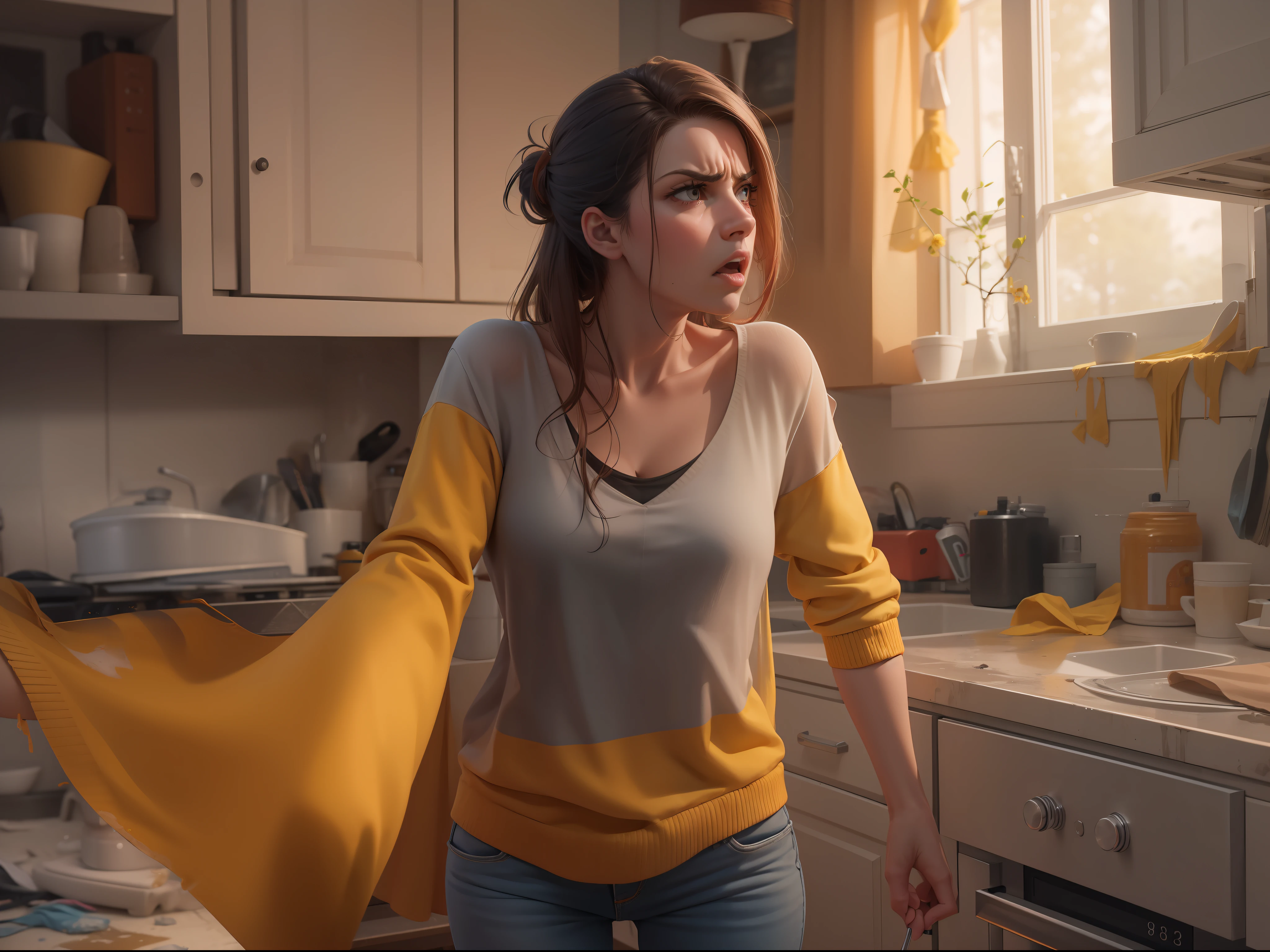 Femme regardant en colère en regardant la maison en désordre, utiliser un gant en caoutchouc jaune pour le nettoyage, réaliste, 8k, travail brut