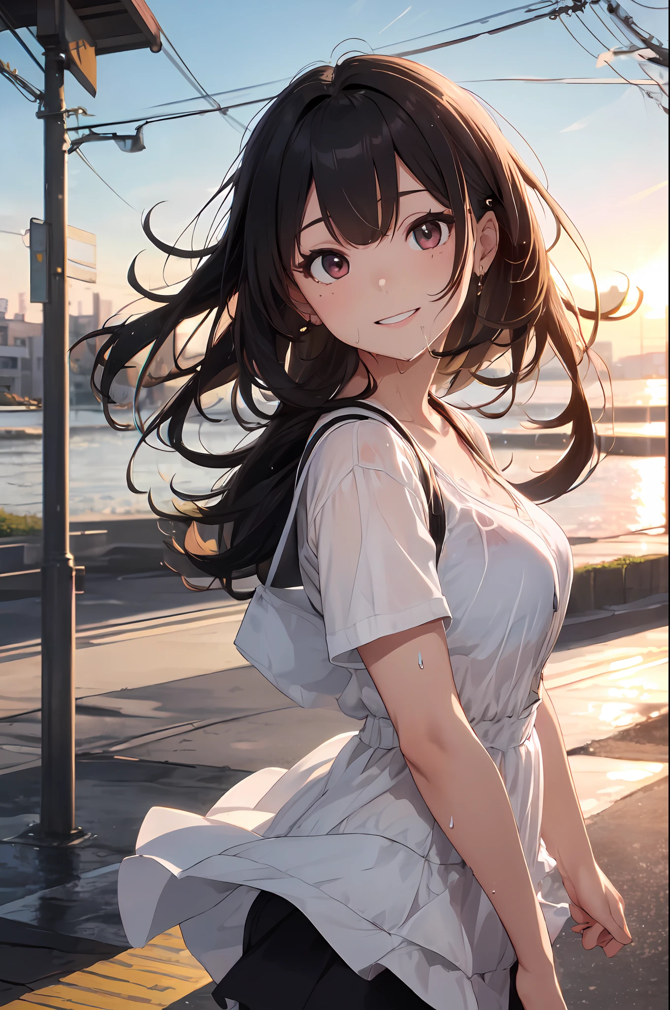 ((Top Quality, 8K, Masterpiece: 1.3)), Focus: 1.2, Perfect Body Beauty: 1.4, Ass: 1.2, ((Layered Haircut, Breasts: 1.2)), (Wet Clothes: 1.1), (Sunset, Street: 1.3), Bando Dress: 1.1, Highly Detailed Face and Skin Texture, Narrow Eyes, Double Eyelids, Whitening Skin, Long Hair, (Shut Up: 1.3), Smile