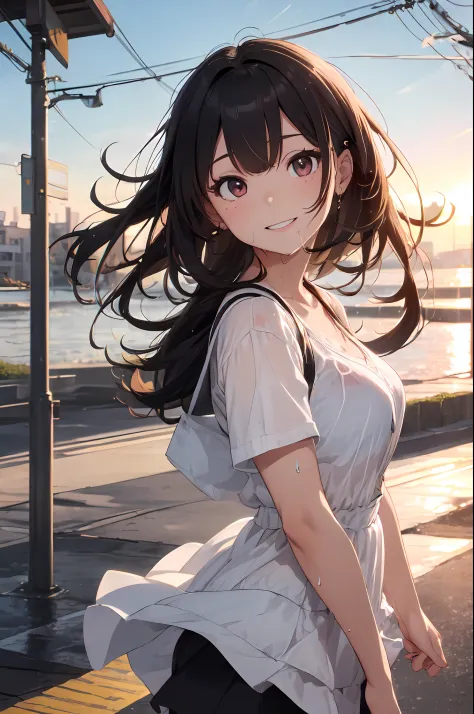 ((Top Quality, 8K, Masterpiece: 1.3)), Focus: 1.2, Perfect Body Beauty: 1.4, Ass: 1.2, ((Layered Haircut, Breasts: 1.2)), (Wet Clothes: 1.1), (Sunset, Street: 1.3), Bando Dress: 1.1, Highly Detailed Face and Skin Texture, Narrow Eyes, Double Eyelids, White...