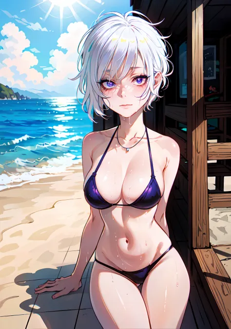 Nsfw, (masterpiece:1.2, best quality), (1lady, solo,(portrait shot)), Clothing: white bikini, strappy sandals, Accessories: shell necklace, Hair: loose beach waves, white hair, short wavy hair, Makeup: natural, glowing skin, Behavior: relaxed, carefree, fr...