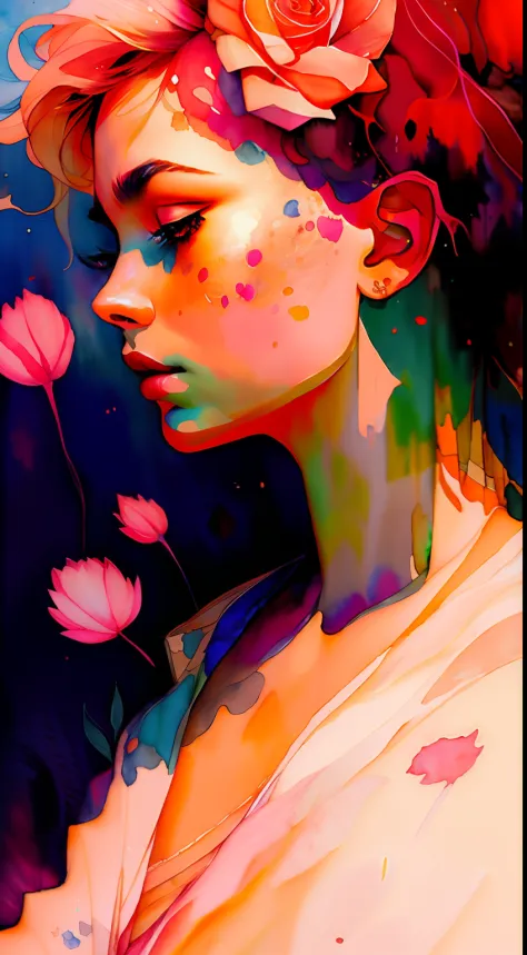 wtrcolor style, (rose) digital art, official art, blown by the wind, masterpiece, beautiful, ((watercolor)), paint splatter, int...